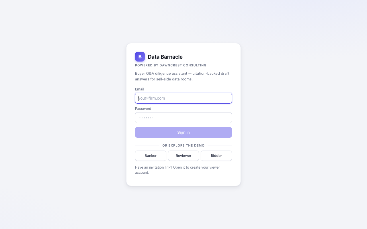 Data Barnacle: buyer Q&A diligence assistant sign-in
