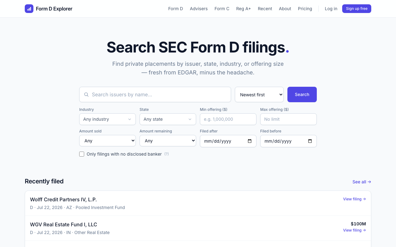 Form D Explorer: search interface for SEC Form D filings
